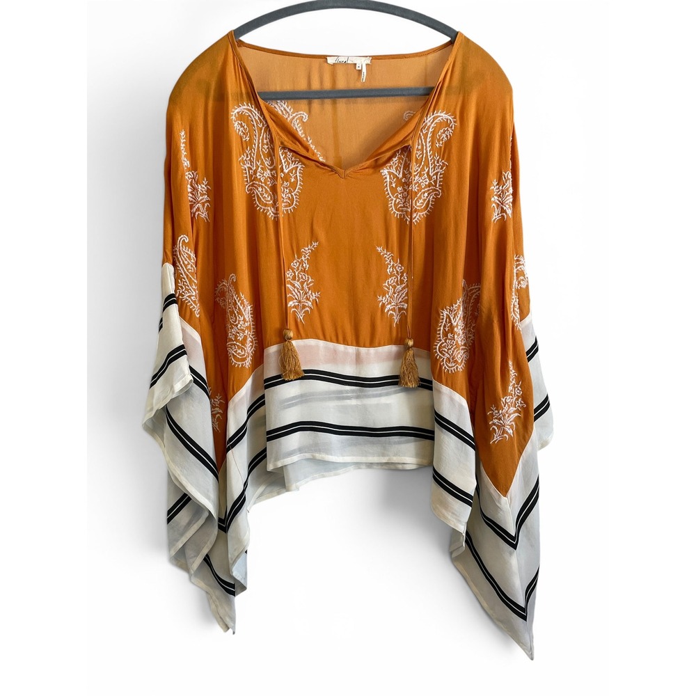 Anthropologie Floreat Sunglow Caftan‎ Orange Boho Embroidered Poncho Blouse XS